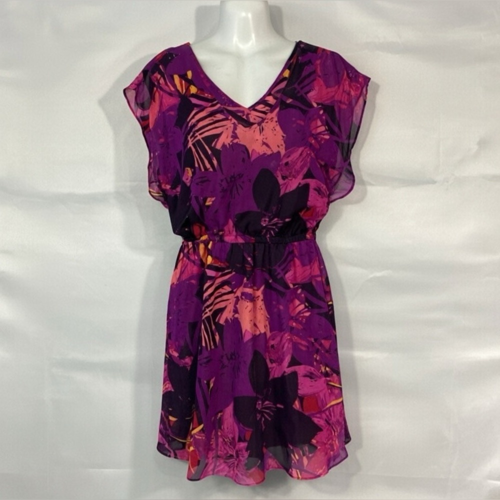Express Dress Womens S Semi Sheer Lined Mini Floral Tropical Fairy Resortwear